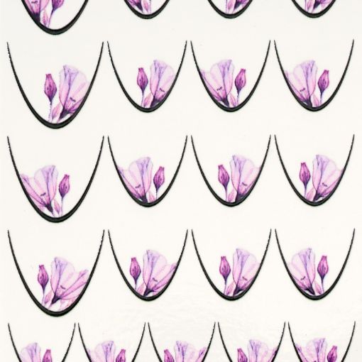 Graphisches Design mit lila Blüten in geschwungenen Linien angeordnet