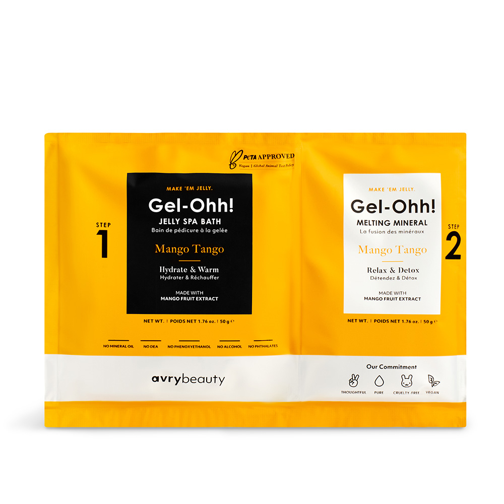 Gel-Ohh! Mango Tango Fußbad-Set von avrybeauty mit Jelly Spa Bath Schritt 1 und Melting Mineral Schritt 2 in gelber Verpackung