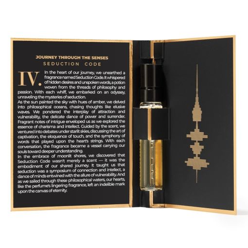 c7642_b Verpackung des Duftes Seduction Code mit Parfümflakon und Kunstwerk auf der Innenseite.