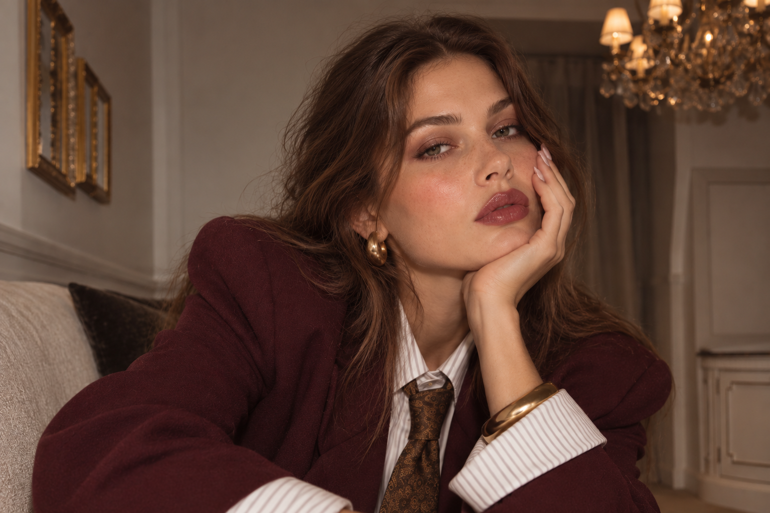 Model trägt bordeauxfarbenen Damen-Blazer mit weißem Hemd, gemusterter Krawatte sowie goldenen Creolen und Armreif in elegantem Interior