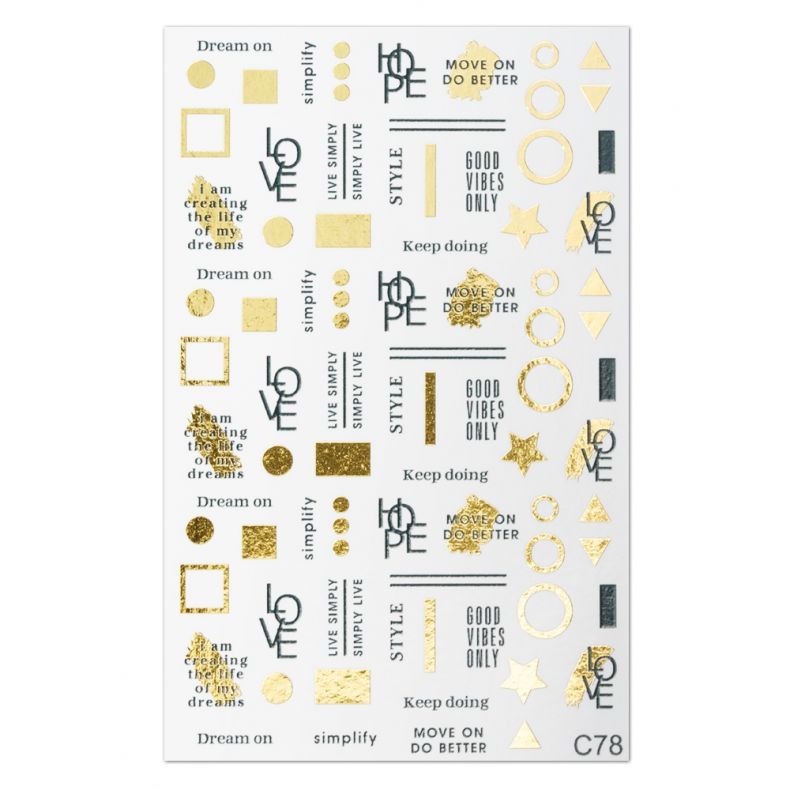 Stickerbogen mit positiven Botschaften, geometrischen Formen und goldenen Stempel-Effekten