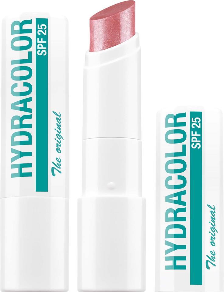 Geöffneter Hydracolor The Original Lippenpflegestift SPF 25 in schimmerndem Rosé zwischen zwei weißen Verpackungen