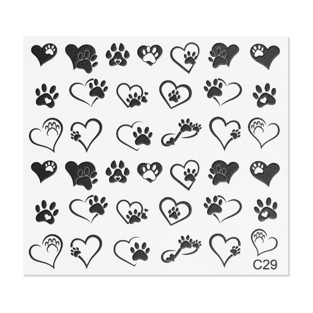 Schwarze Tattoo Aufkleber mit verschiedenen Pfoten und Herz-Designs auf weißem Hintergrund