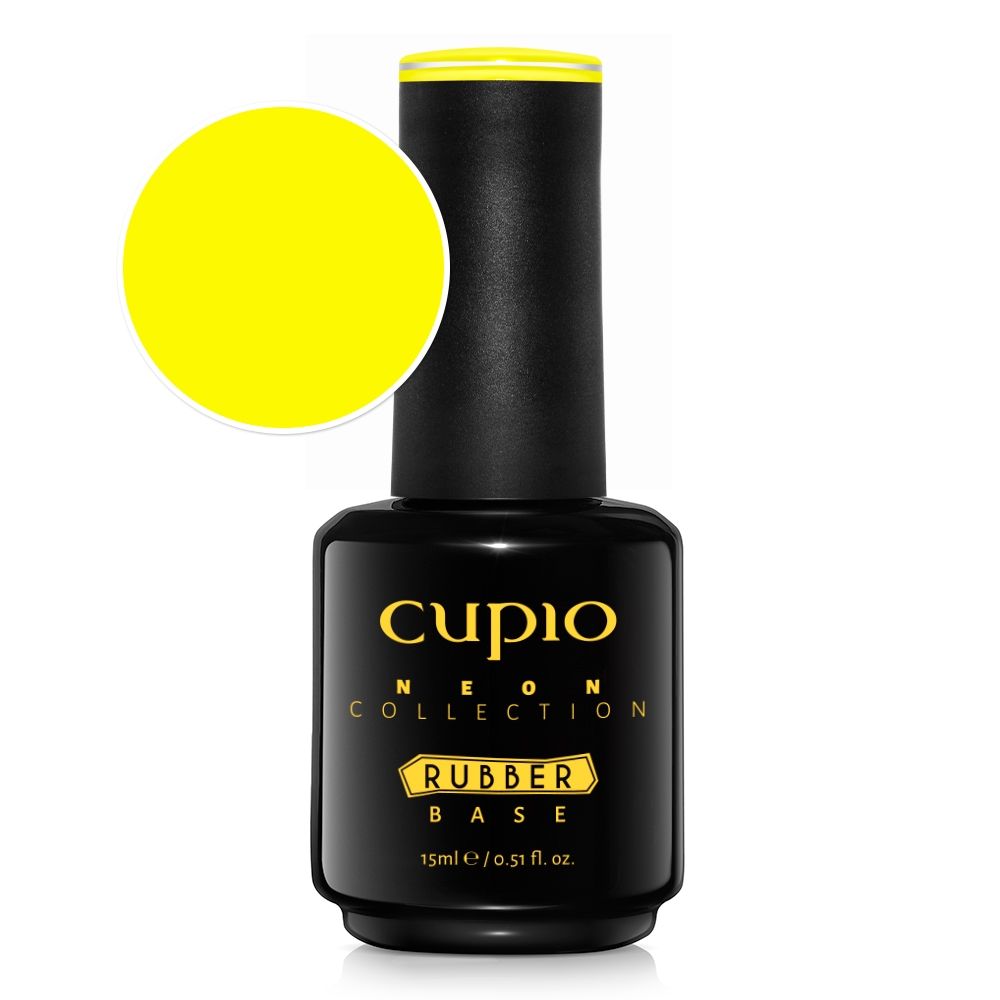 Schwarze Flasche Cupio Neon Collection Rubber Base, 15 ml, mit Farbkreis in leuchtendem Neon-Gelb