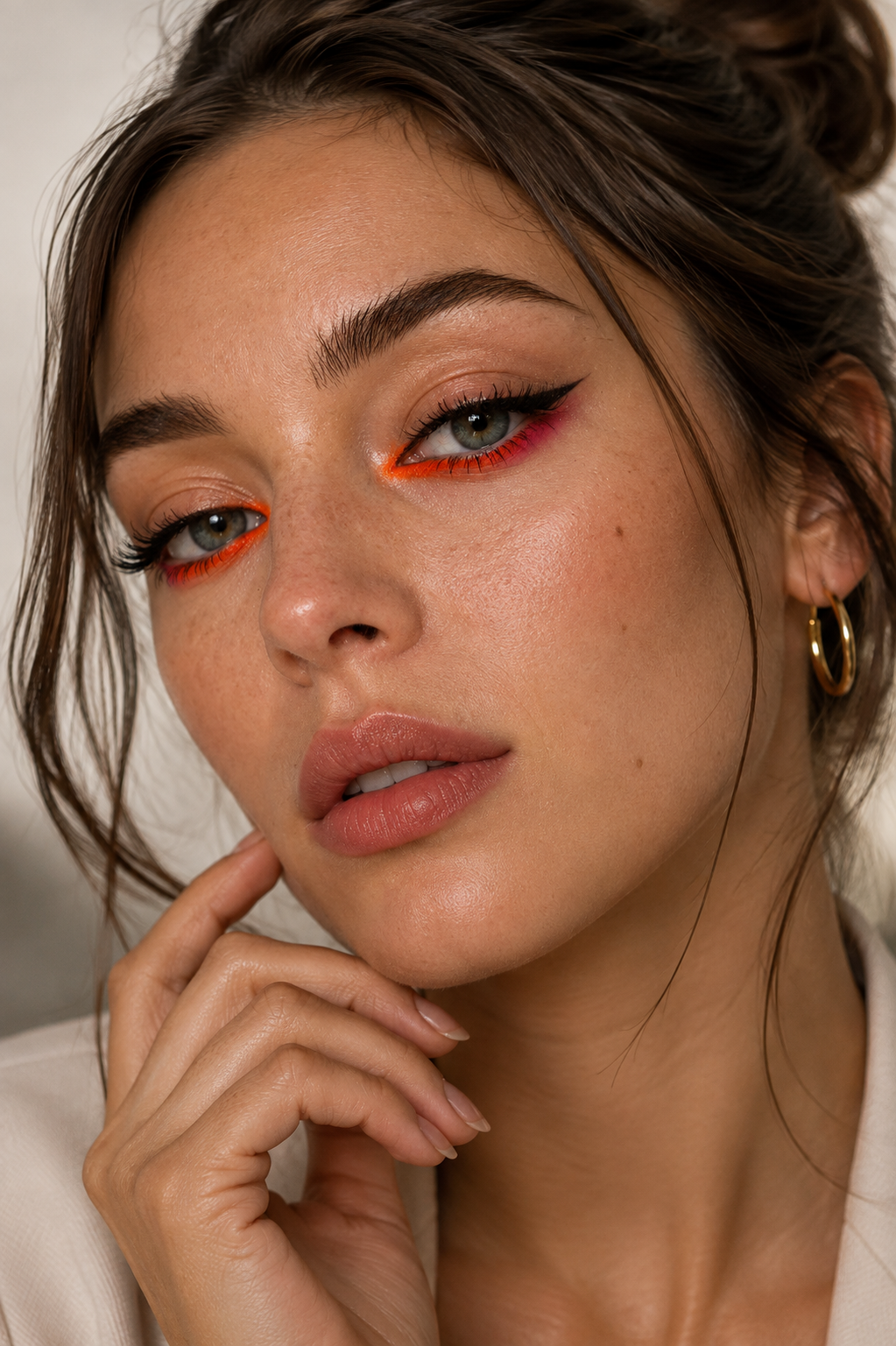 Nahaufnahme einer Frau mit neonorangefarbenem Eyeliner, schwarzem Lidstrich und strahlendem Teint – Beauty-Look für auffälliges Augen-Make-up