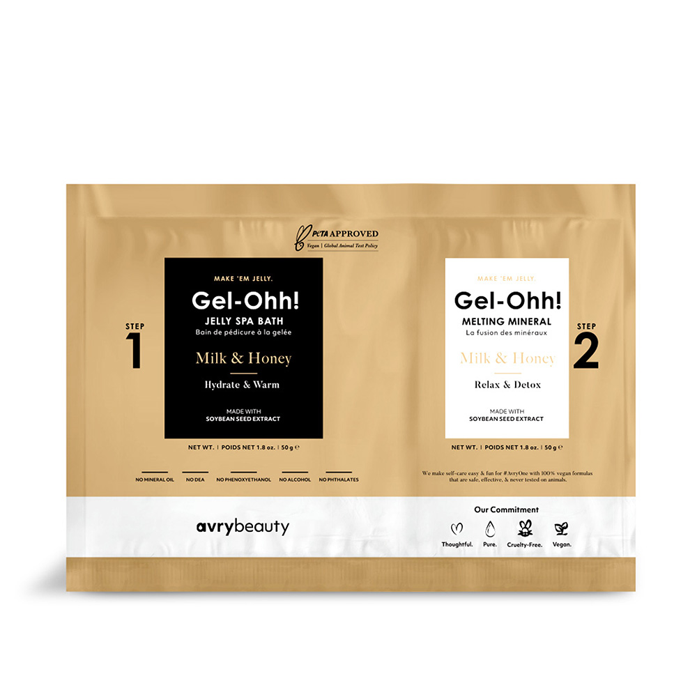 Beutel mit avrybeauty Gel-Ohh! Milk & Honey Pediküre-Set: Schritt 1 Jelly Spa Bath Hydrate & Warm, Schritt 2 Melting Mineral Relax & Detox