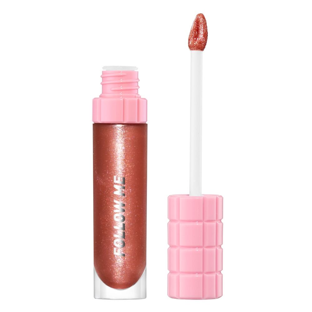 Produktbild eines geöffneten Lipgloss mit Applikator, schimmernder Rosé-Bronze-Nuance und rosa Deckel vor weißem Hintergrund