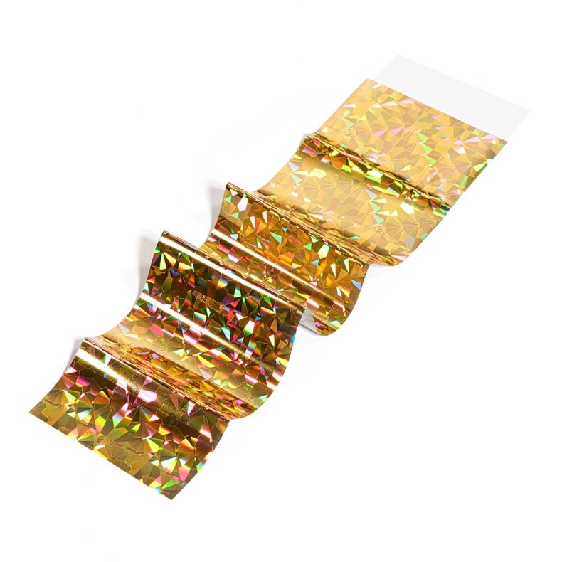 folie_transfer_c7329_b Glänzendes goldenes Geschenkband mit holographischem Muster