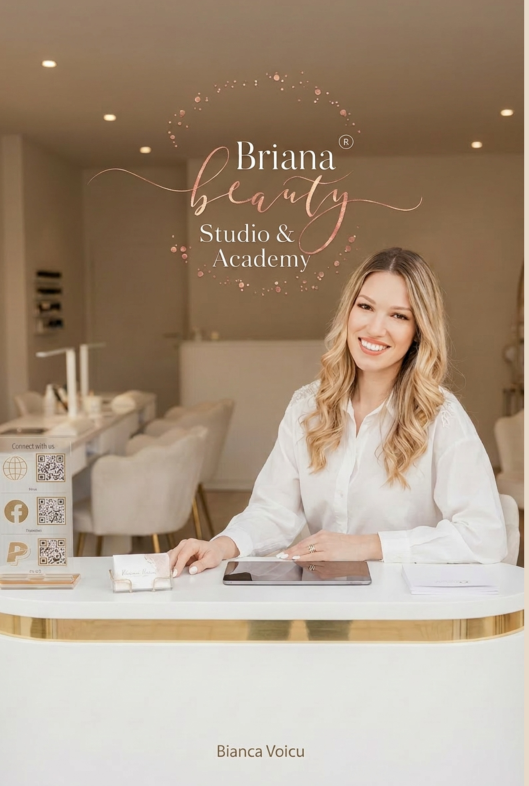Bianca Voicu sitzt lächelnd am Empfang von Briana Beauty Studio & Academy in einem hellen, modernen Kosmetikstudio