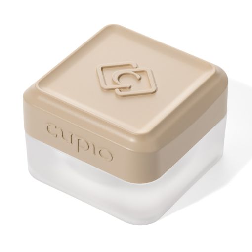 Kleine quadratische Kunststoffdose mit beigem Deckel und transparentem Behälter, ideal zur Aufbewahrung von Kosmetik oder Kleinteilen