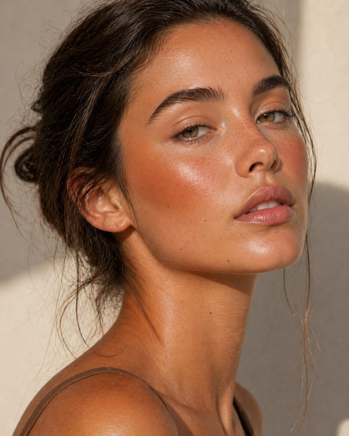 Nahaufnahme einer Frau mit ebenmäßiger, strahlender Gesichtshaut und natürlichem Glow als Darstellung für Hautpflege oder Beauty-Produkt