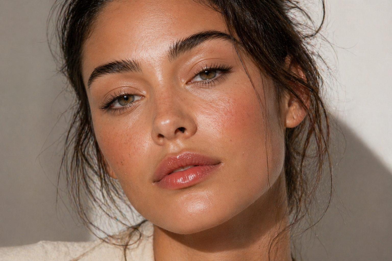 Nahaufnahme einer Frau mit glowy Teint, rosigen Wangen und glänzenden Lippen – ideal zur Darstellung von Hautpflege oder Make-up mit natürlichem Finish