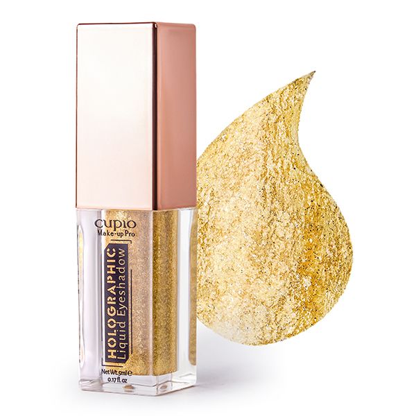 Flasche mit holografischem flüssigem Lidschatten in Gold und glitzerndem Farbklecks