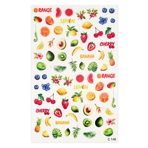 Bunte Aufkleber mit verschiedenen Obstmotiven wie Zitrusfrüchten, Beeren und mehr.