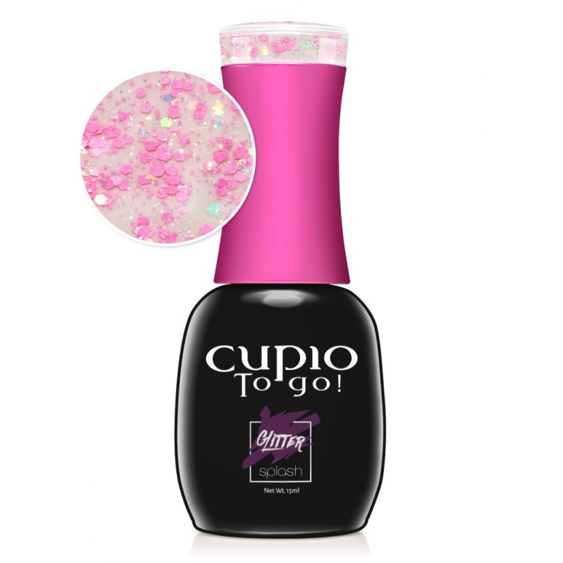 to_go_glitter_splash_pink_madness Flasche von Cupio To Go! Glitter Splash Nagellack mit pinken und bunten Glitzerpartikeln.