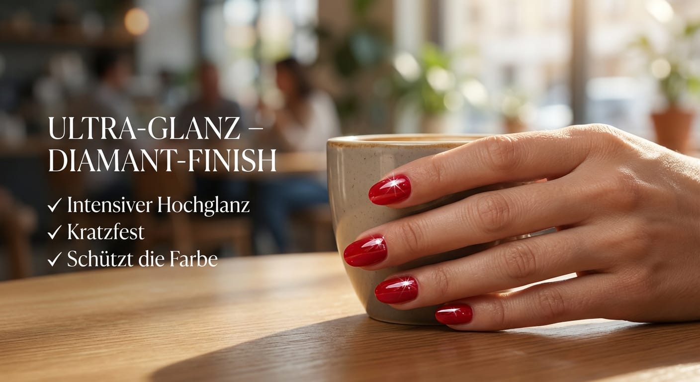 Hand mit rot lackierten Ultra-Glanz-Diamant-Finish-Nägeln hält eine Kaffeetasse, Text: intensiver Hochglanz, kratzfest, schützt die Farbe