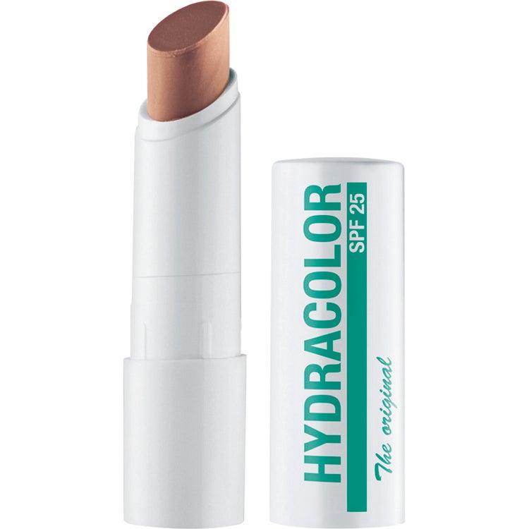 Geöffneter HYDRACOLOR The Original Lippenpflegestift SPF 25 in Bronze neben der weißen Produktkappe