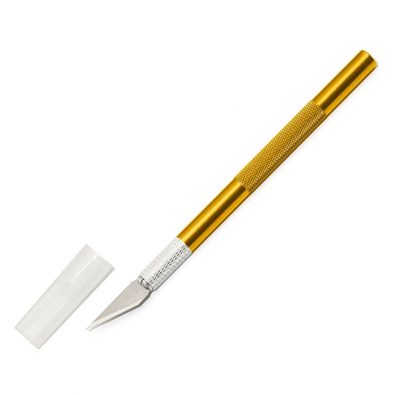instrument_precizie_nail_art_f Präzisionskurvenmesser mit goldenem Griff, Klinge und transparenter Schutzabdeckung