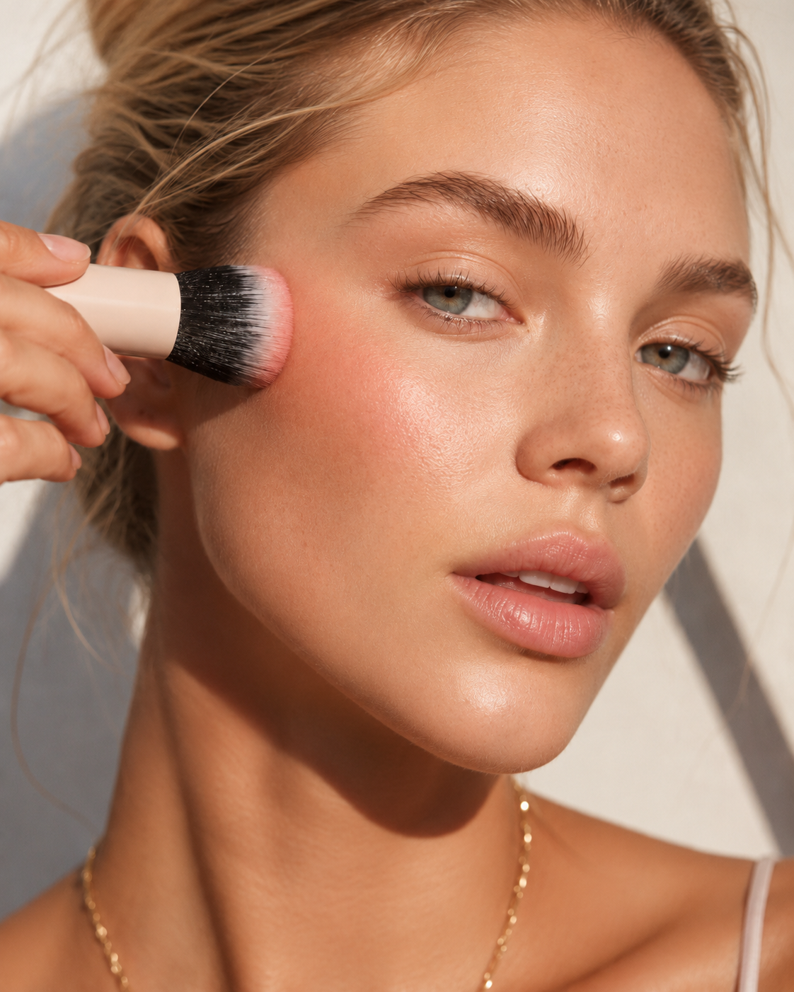 Nahaufnahme einer Frau beim Auftragen von Rouge mit einem Make-up-Pinsel auf die Wange für ein natürlich strahlendes Finish