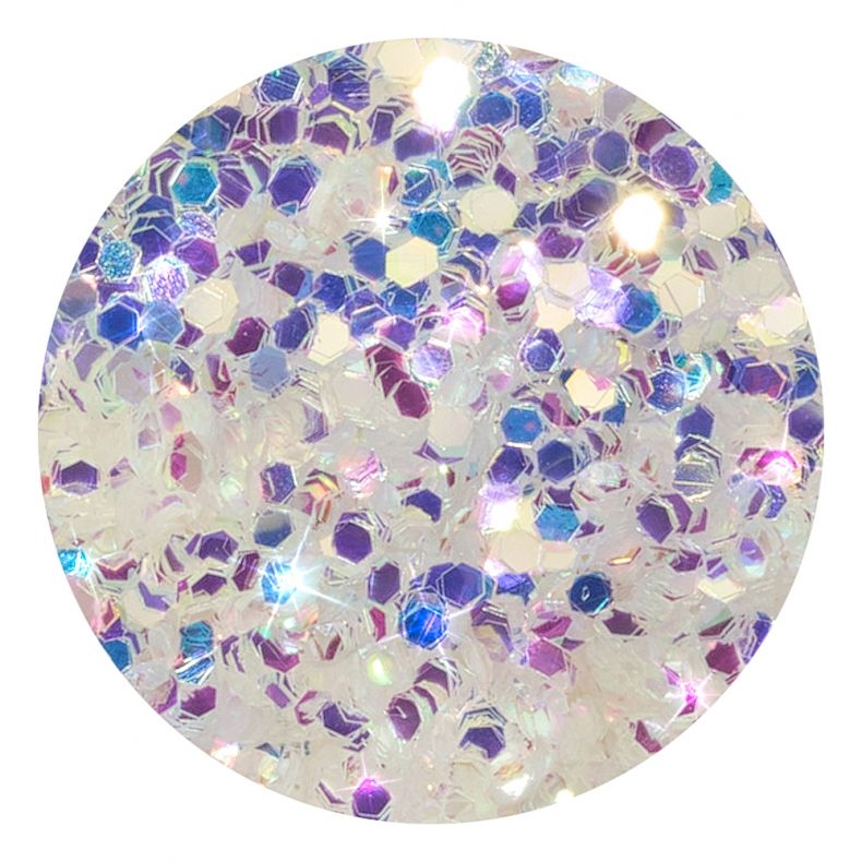 Nahaufnahme von bunten hexagonalen Glitzerpartikeln