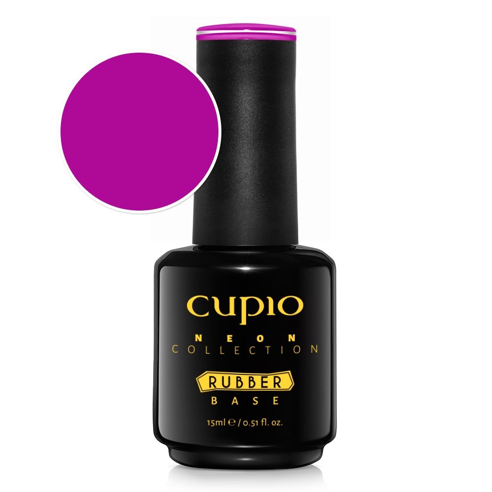 Schwarze Flasche Cupio Neon Collection Rubber Base 15 ml mit Neon-Pink-Farbkreis zur Darstellung des Farbtons