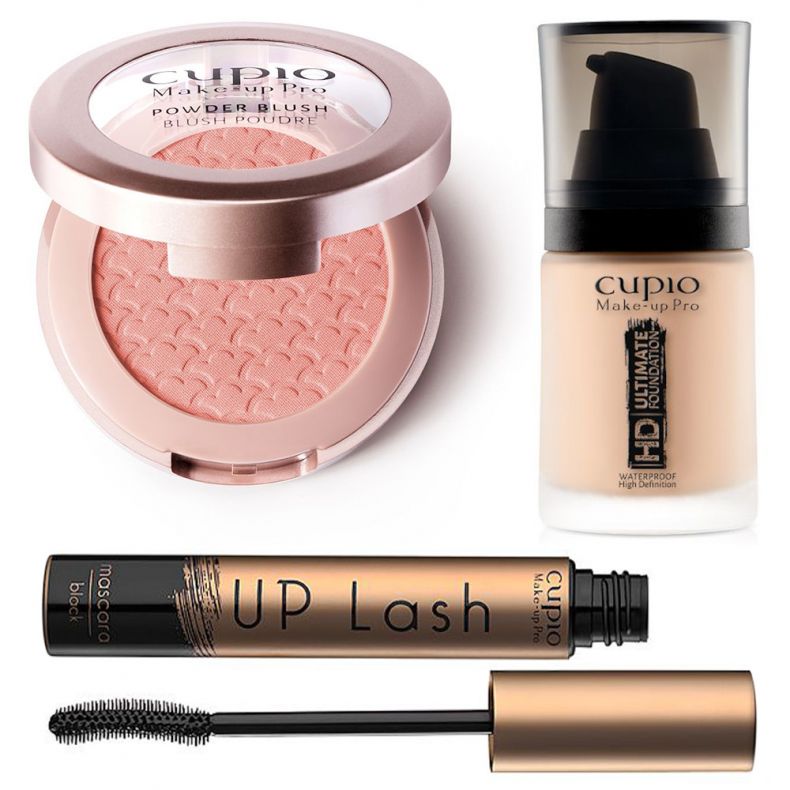 Produktauswahl von Cupio Make-up Pro mit Puderblush, wasserfester Foundation und Mascara.