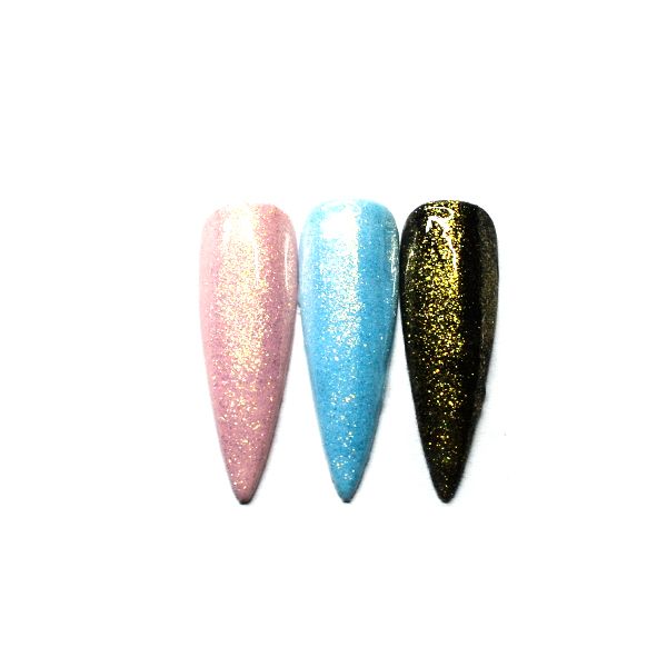 Drei spitze Kunstnägel in Pink, Blau und Schwarz mit Glitzereffekt