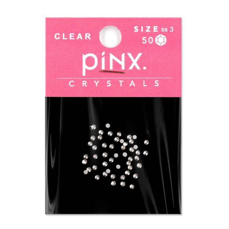Verpackung mit klaren Strasssteinen der Marke piNX, Größe ss3, 50 Stück