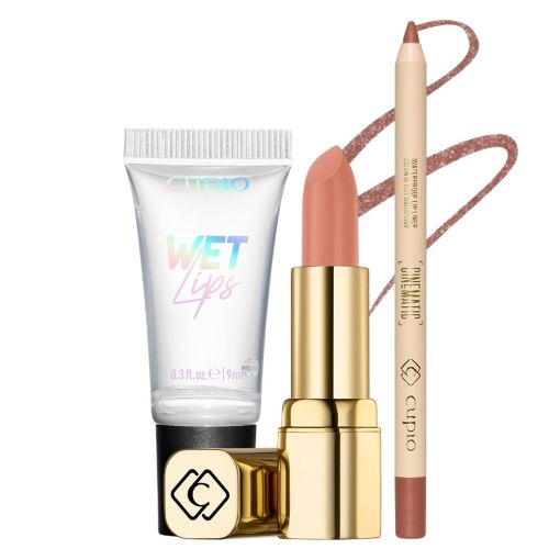 Cupio Lippen-Set mit Nude-Lippenstift, Gloss und Konturensti