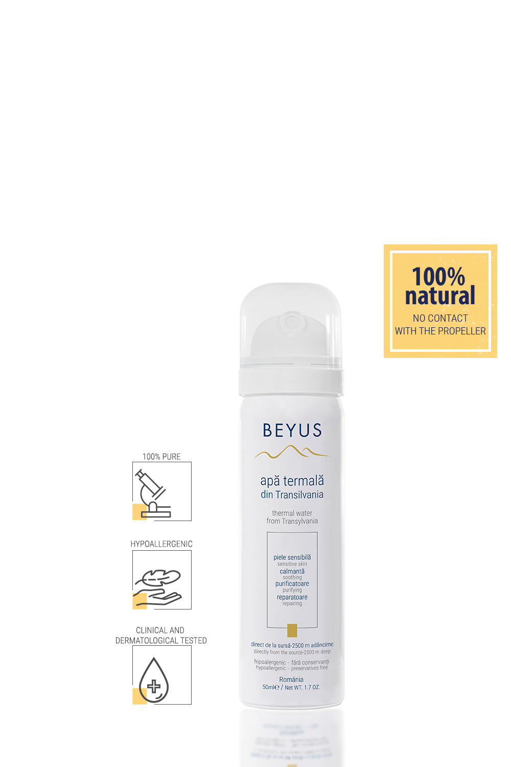 Beyus 50ml Flasche mit Thermalwasser aus Transsilvanien, hypoallergen und klinisch getestet
