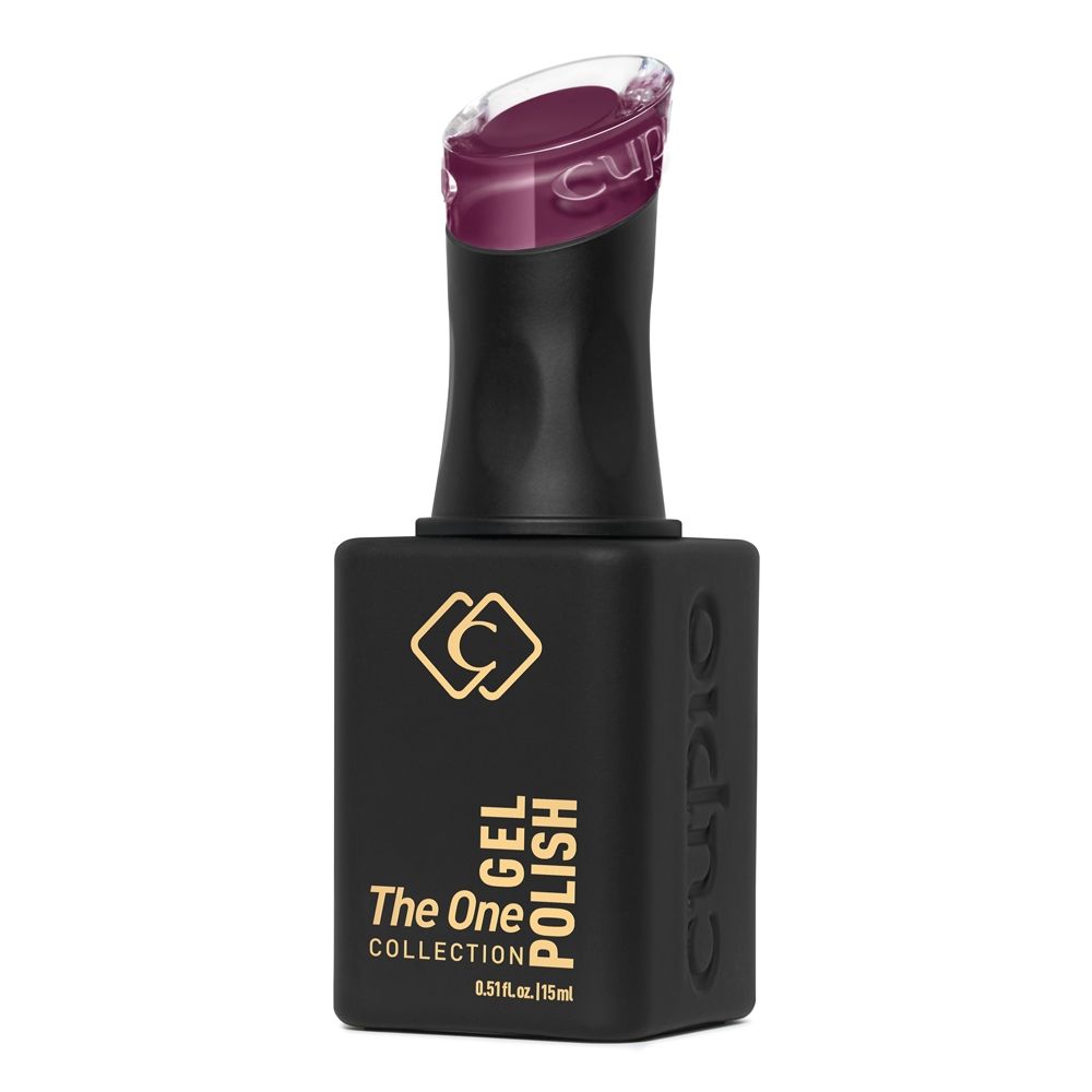 Flasche Cupio The One Gel Polish in violett-lilanem Farbton, schwarzer 15-ml-Behälter mit goldener Aufschrift