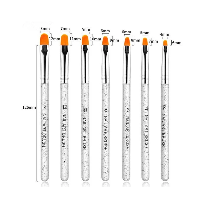 Set aus 7 Nail-Art-Pinseln mit orangefarbener Silikonspitze in Größen 2 bis 14, weißem Griff und Maßangaben, für Gel-Nageldesign und Modellage