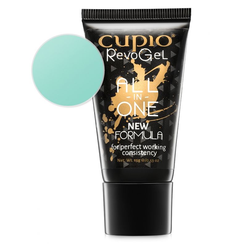 revo_gel_15g_pastel_mint Tube von Cupio RevoGel All-in-One in schwarz mit grünem Gel. 15 g.