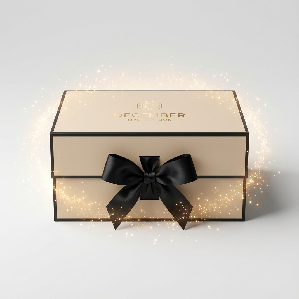 Beige Dezember Mystery Box mit schwarzer Schleife und Glitze