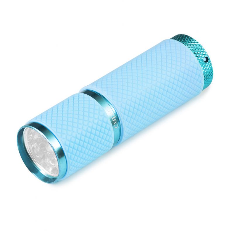 lampa_led_mini_revolamp_9w_albastra_b03Rwh5lumK129 Taschenlampe in hellblau mit grünem Griff und LED-Leuchte