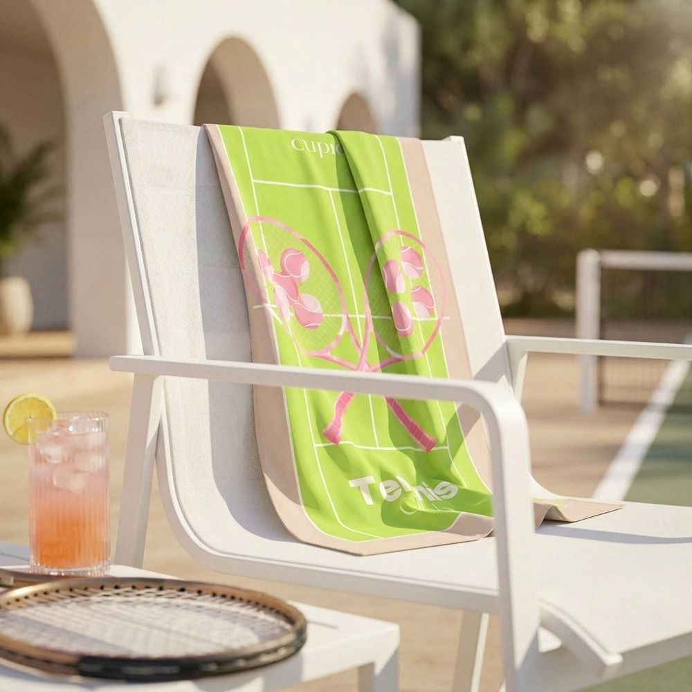 Grünes Strandtuch mit Tennisplatz- und Schläger-Motiv auf einem weißen Loungesessel am Pool, daneben Tennisschläger und Sommerdrink