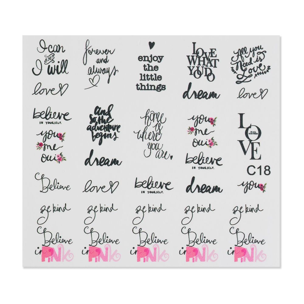 Eine Sammlung von Stickern mit ermutigenden Sprüchen und floralen Designs