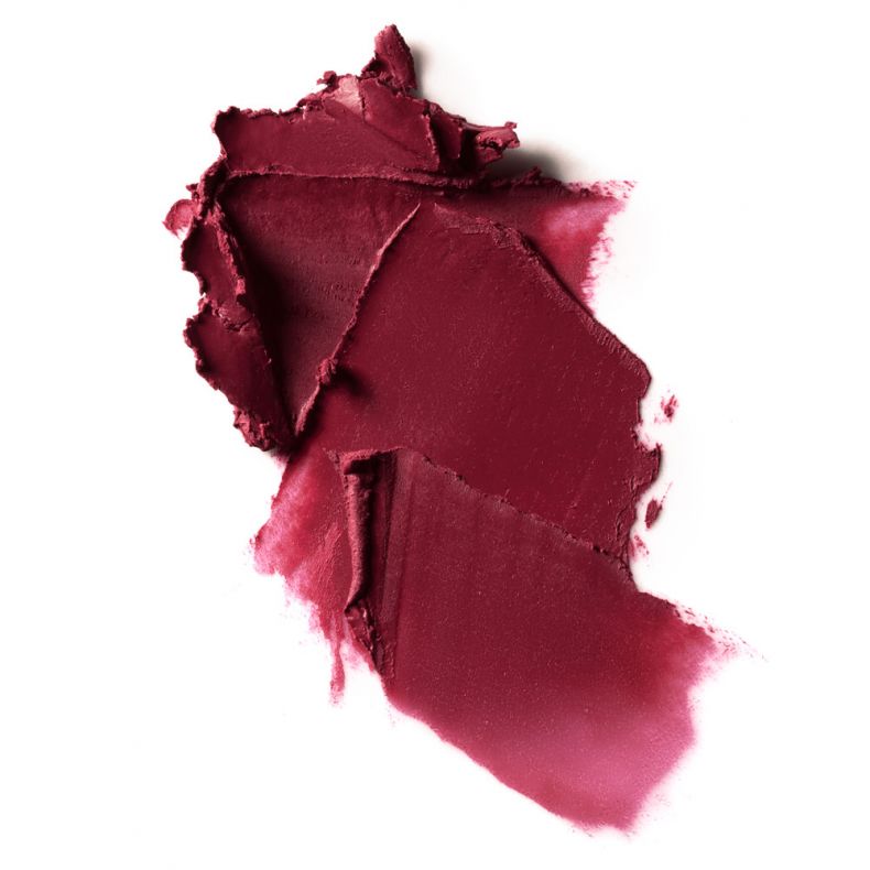 Ein tiefroter Lippenstiftstrich auf weißem Hintergrund.