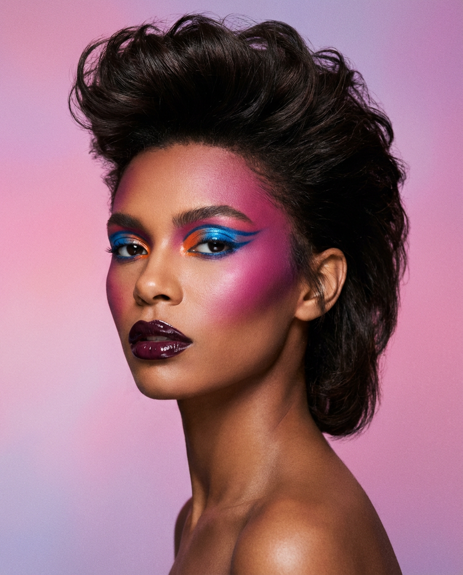 Model mit auffälligem Neon-Make-up und dunklen Lippen