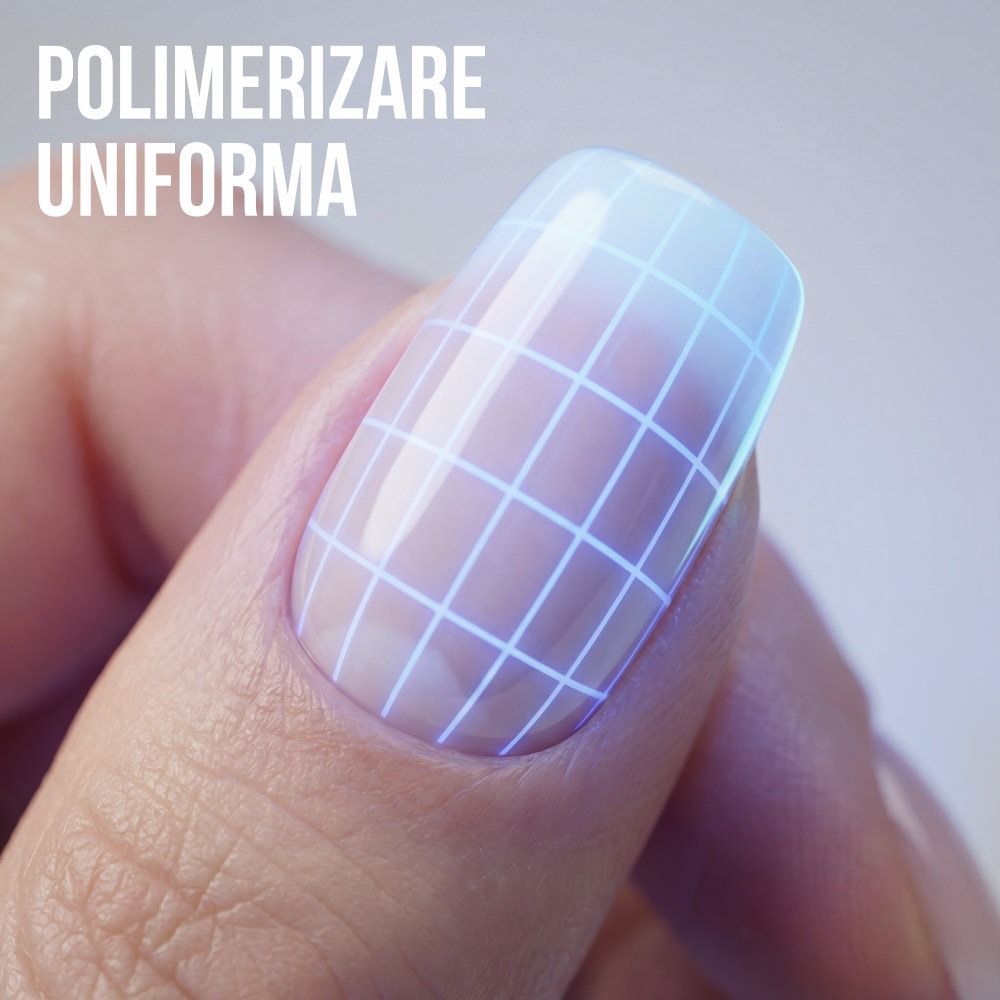 Nahaufnahme eines Fingernagels mit UV-Gel, das durch ein leuchtendes Gitter eine gleichmäßige Aushärtung visualisiert