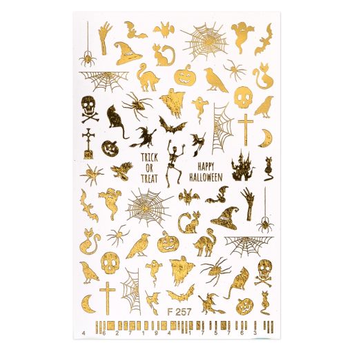 Goldene Sticker mit Halloween-Motiven wie Kürbisse, Spinnen und Geister