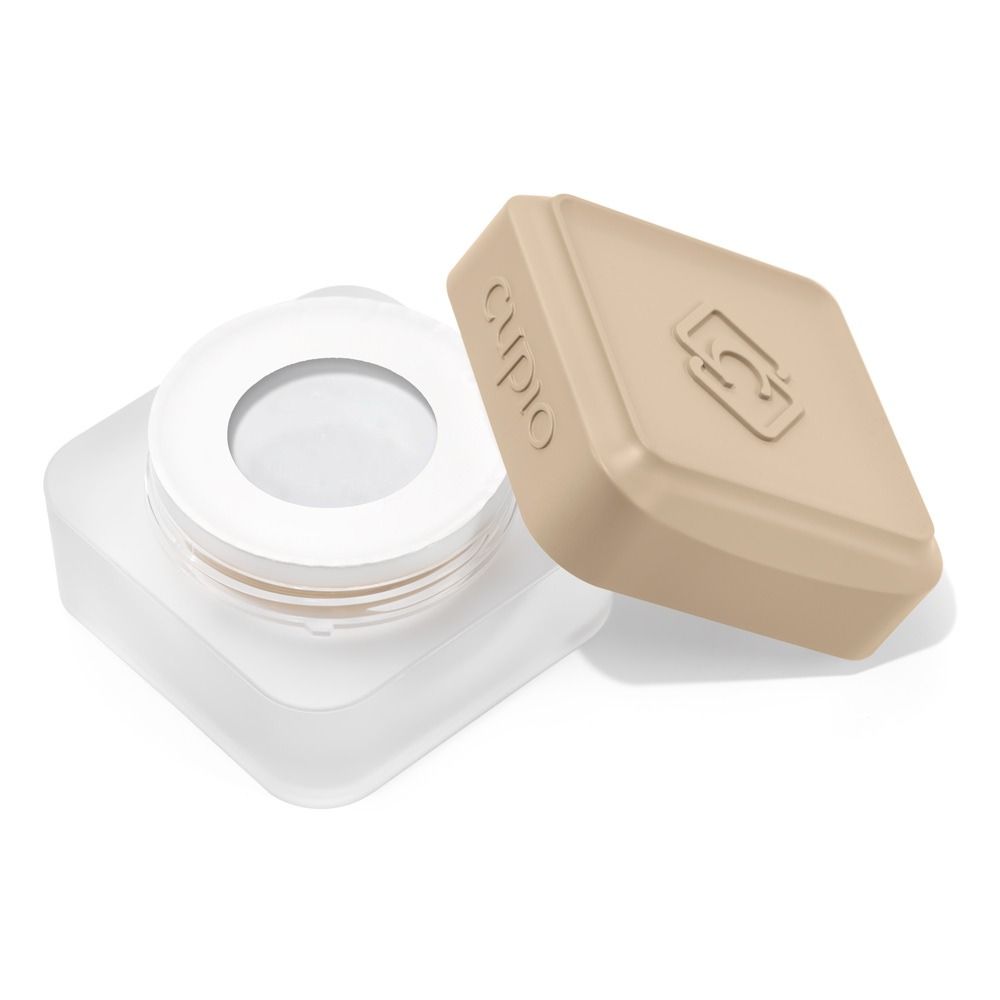 Quadratische, transparente Kunststoffdose mit beigem, abnehmbarem Deckel und rundem Sichtfenster im Inneren