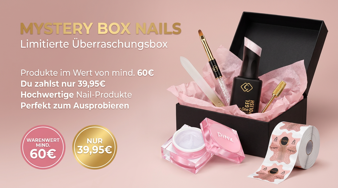 Offene Mystery Box Nails mit Gel Polish, Pinsel, Feile, Fräseraufsatz, Gel-Tiegel und Nagelschablonen – limitierte Überraschungsbox im Wert von mind. 60€ für 39,95€