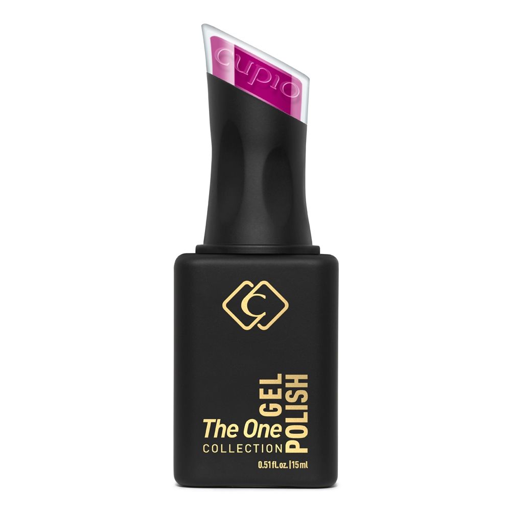 Flasche Cupio The One Gel Polish in Schwarz mit goldenem Aufdruck und sichtbarem pinkem UV-Gellack, 15 ml
