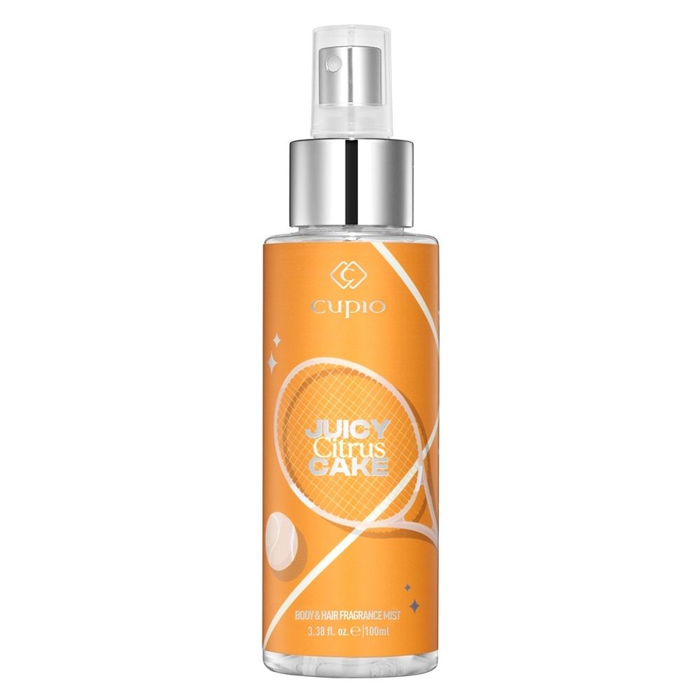 Orangefarbene Sprühflasche von Cupio Juicy Citrus Cake Body & Hair Fragrance Mist 100 ml mit silbernem Sprühkopf