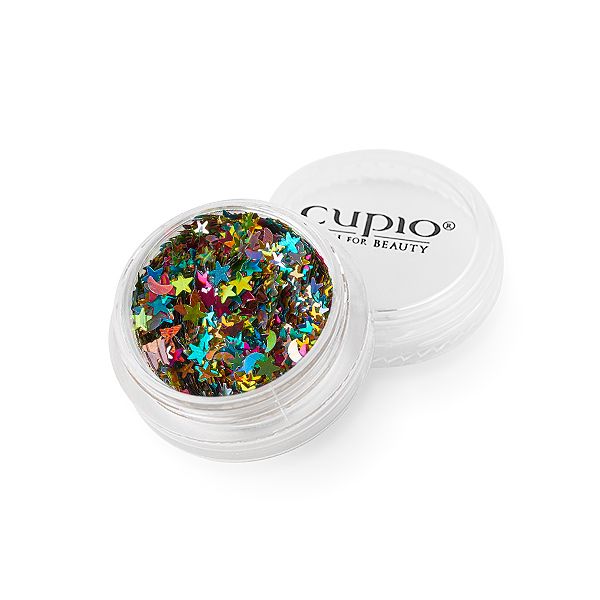 Nageldekoration mit bunten Sternen aus Glitzer in einer transparenten Dose