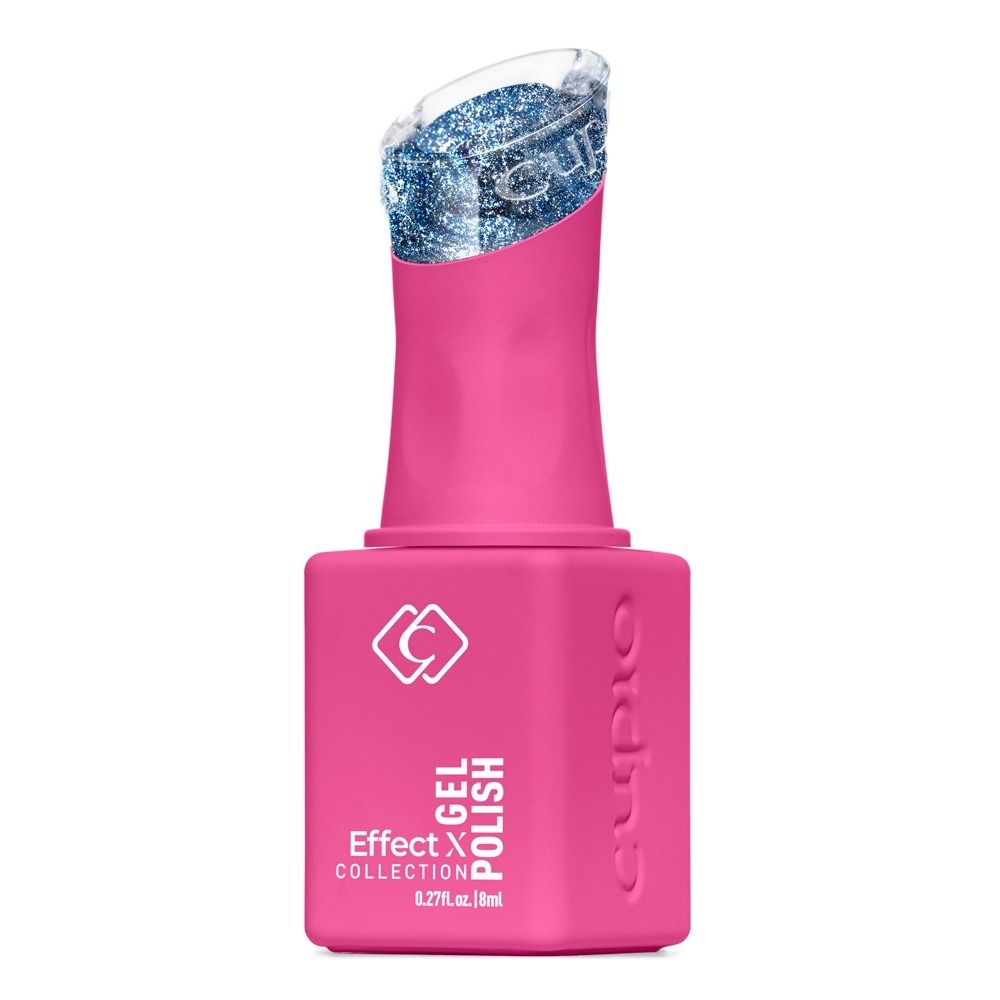 Produktbild von Claresa Effect Gel Polish: pinke Flasche mit geöffnetem Pinsel und blau-silbernem Glitzer-Gellack, 8 ml