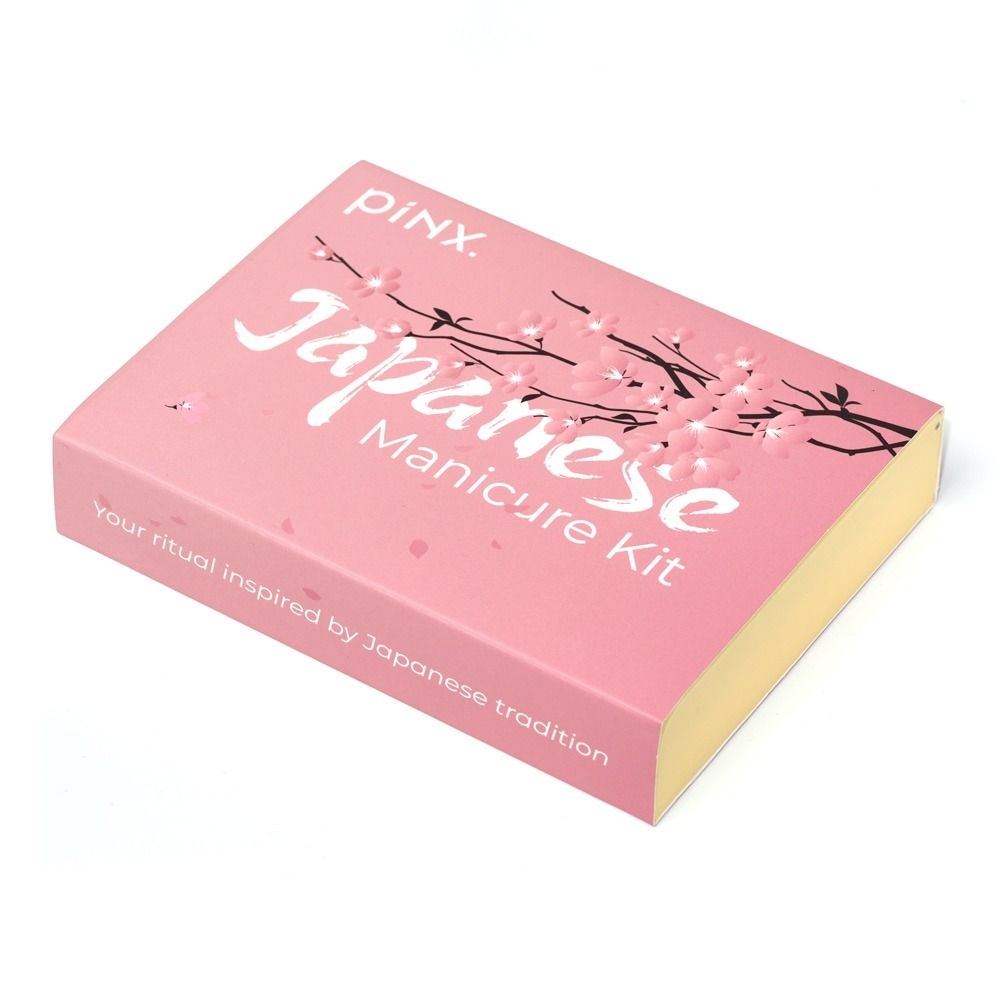 Rosa Verpackung des piNX Japanese Manicure Kit mit Kirschblütenzweigen und japanisch inspiriertem Design