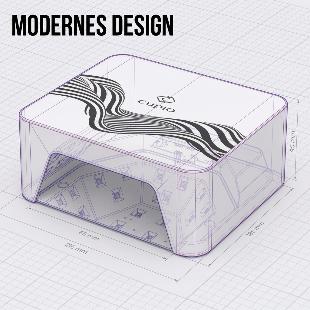 Professionelle LED-UV-Nagellampe Cupio Expert Vision 36W in modernem, kompaktem Design mit Abmessungen, ideal für schnelle, gleichmäßige Trocknung von Gel- und UV-Lacken