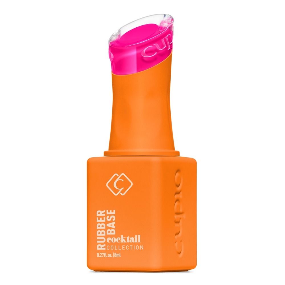 Orange Cuccio Colour Rubber Base aus der Cocktail Collection, 18 ml, in eckiger Flasche mit pinkem Verschluss vor weißem Hintergrund